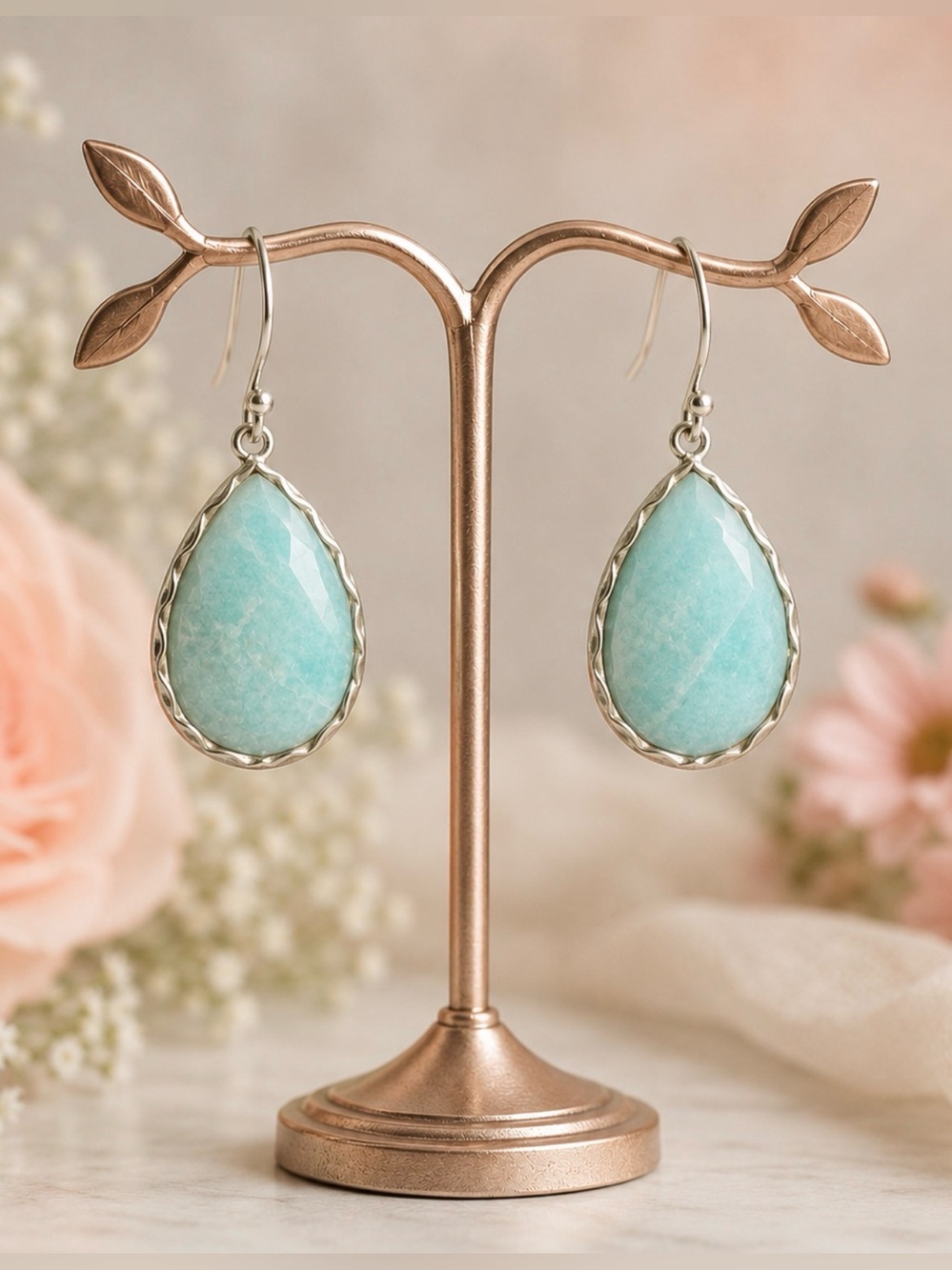 Earrings Amazonite Gemstone 925 Sterling Silver Teardrop Dangle